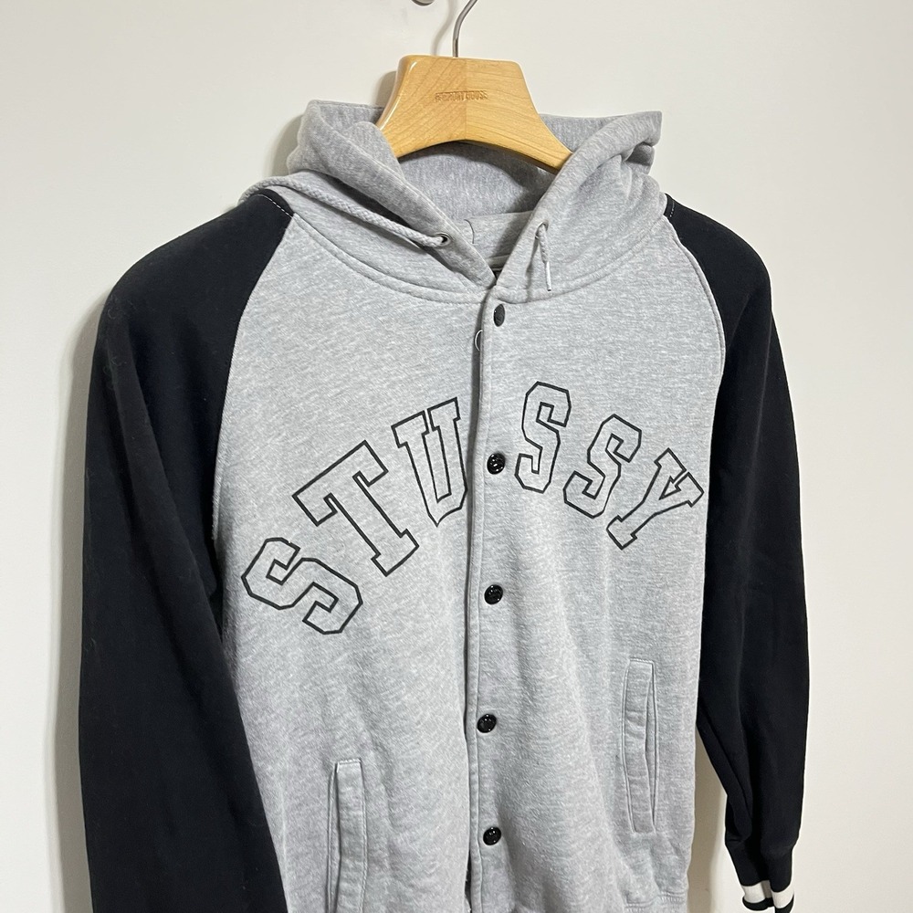 Vintage Stussy Jacket Hoodie Mens Medium 90s USA Spellout Varsity Gray Black - Picture 2 of 5